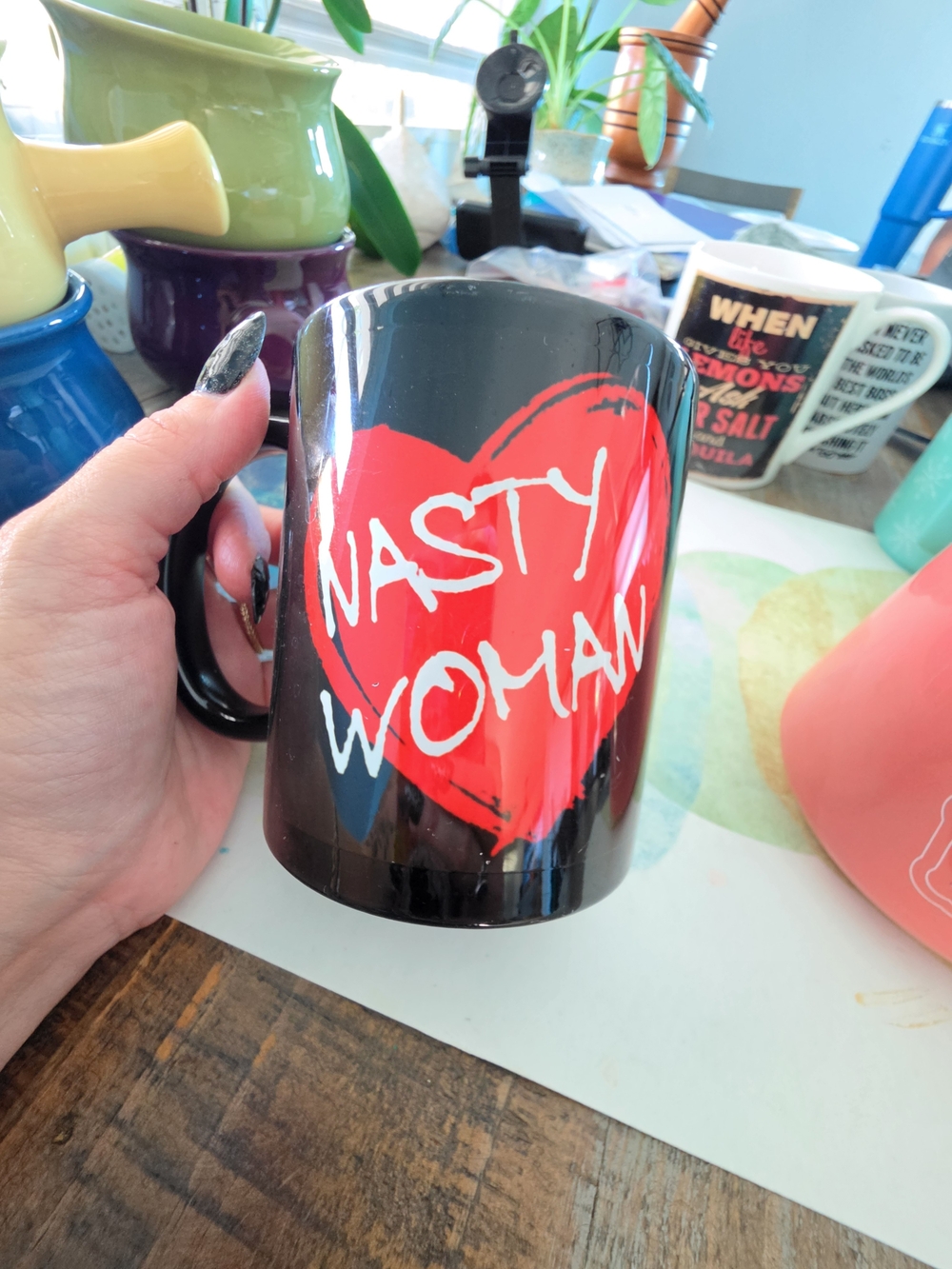 Nasty Woman Black Ceramic Mug with Red Heart